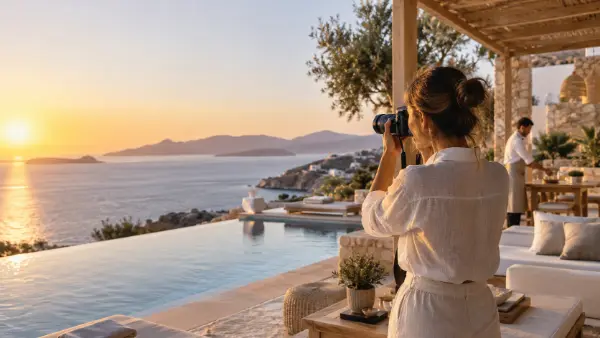Μια δημιουργός φωτογραφίζει τη θάλασσα στο ηλιοβασίλεμα από την ταράτσα ενός ξενοδοχείου στον γκρεμό.
