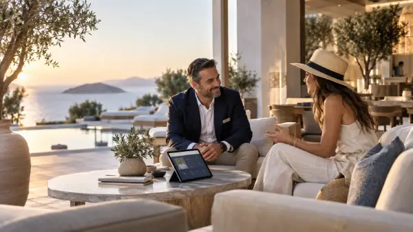 Ένας υπεύθυνος ξενοδοχείου και μια δημιουργός συζητούν πάνω από ένα tablet σε σαλόνι ξενοδοχείου την ώρα του δειλινού.
