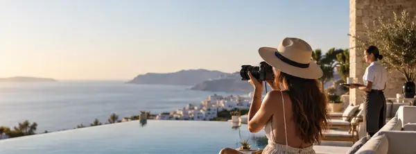 Μια δημιουργός φωτογραφίζει την ακτογραμμή από την ταράτσα ενός ξενοδοχείου.