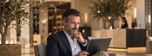 Ένας υπεύθυνος ξενοδοχείου εργάζεται σε φορητό υπολογιστή στο λόμπι.